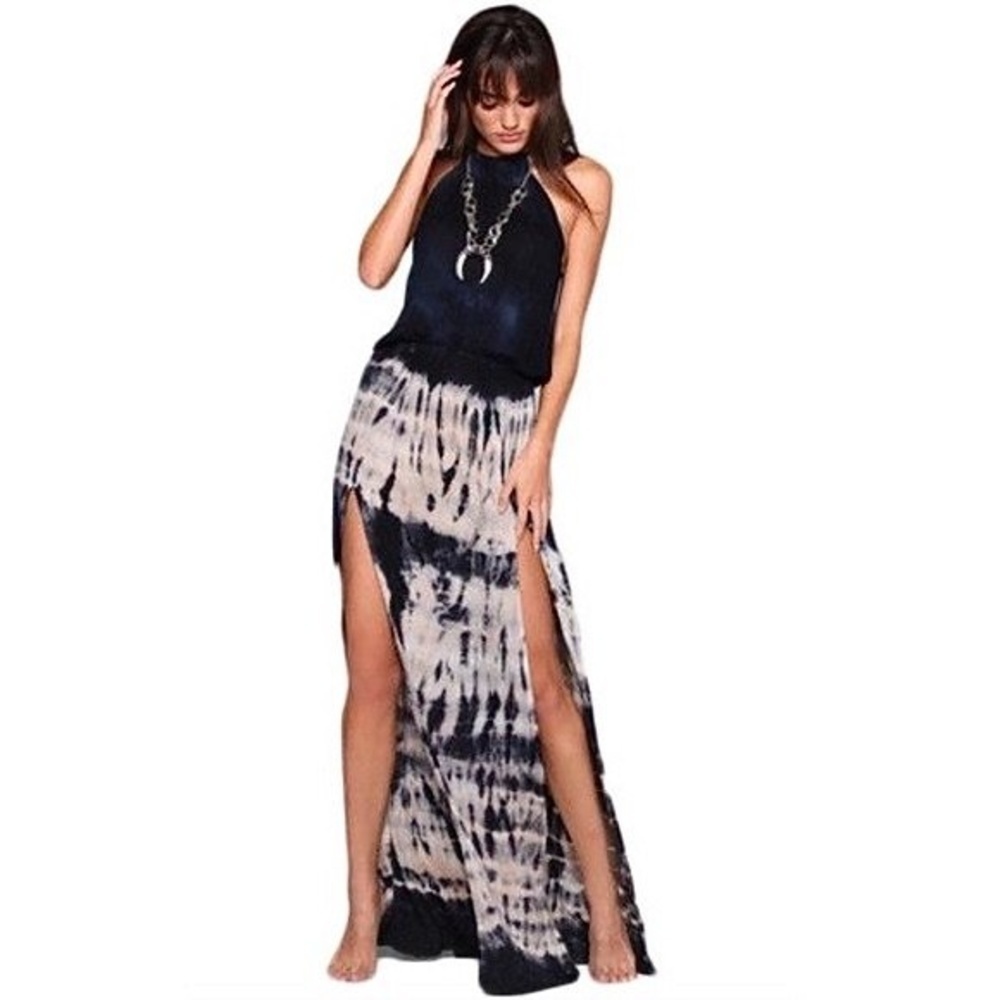 BLUE LIFE Double Slit Halter Maxi Dress Fiji Nights Navy Tie Dye 70s Boho Medium